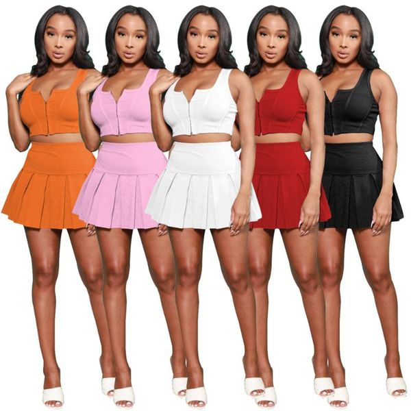 Frauen Plus Größe Trainingsanzüge Gx82260 Großhandel 5 Farben Solide Ärmel Casual Frauen Kleid 2 Stück Falten Rock Anzüge Zwei Sets frauen