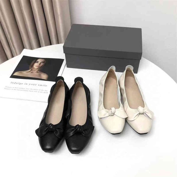 

sandals handmade leather soft bottom pea shoes ballet black versatile bow square head flat sole single shallow mouth women's