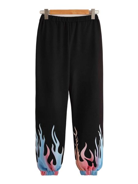 

fire print elastic waist sweatpants f3oo#, Black;white