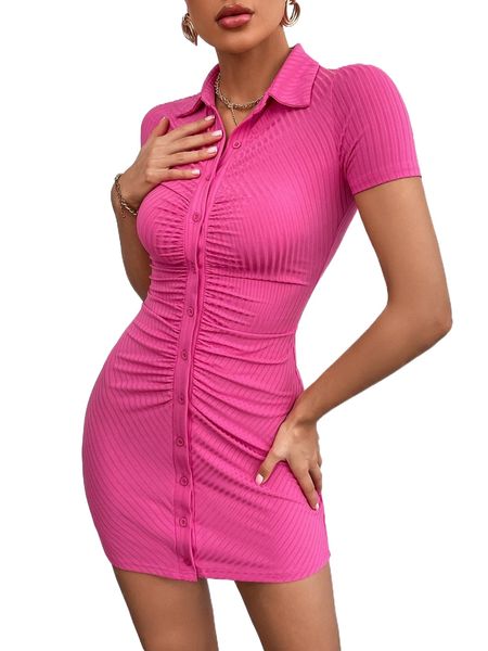 

rib-knit button front ruched bodycon dress g4z5#, Black;gray