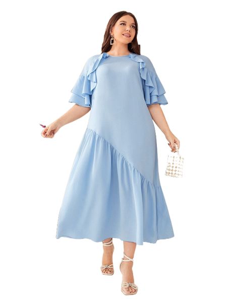 

plus ruffle trim raglan sleeve smock dress s37b#, Black