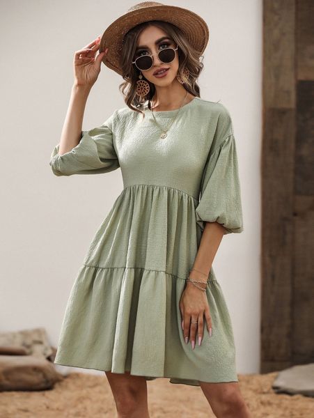 

lantern sleeve ruffle hem textured dress f8je#, Black;gray