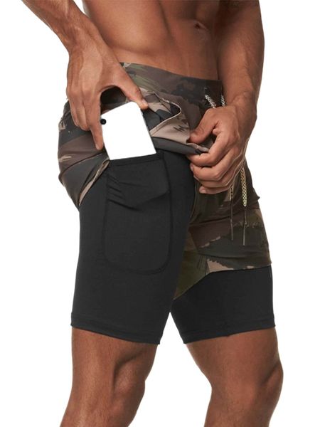

men 2 in 1 camo print drawstring waist sports shorts with phone pocket 57go#, White;black