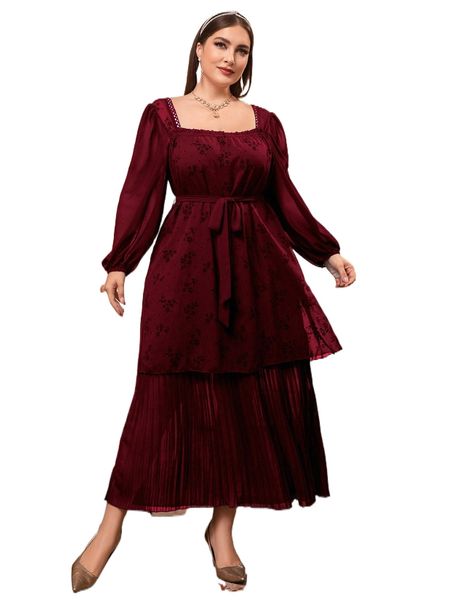 

plus frill trim floral print lantern sleeve plisse hem belted dress l3px#, Black