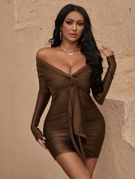 

sxy off shoulder twist front draped bodycon dress a9wa#, Black;gray