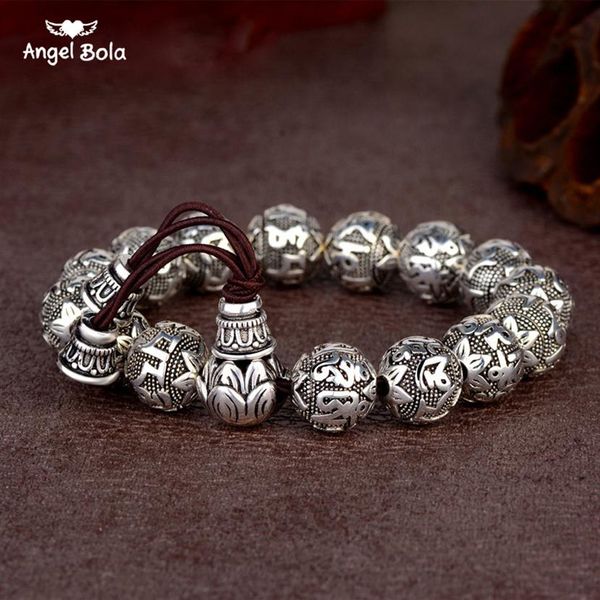 

charm fine retro tibetan buddhism plated thai silver rope bracelet men six words mantras om mani padme hum lotus beads bracelet307m, Black