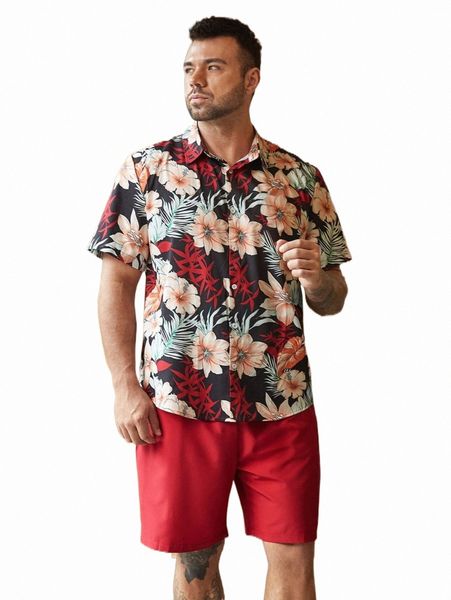 

extended sizes men random tropical print shirt & drawstring waist shorts 39vn#, Gray