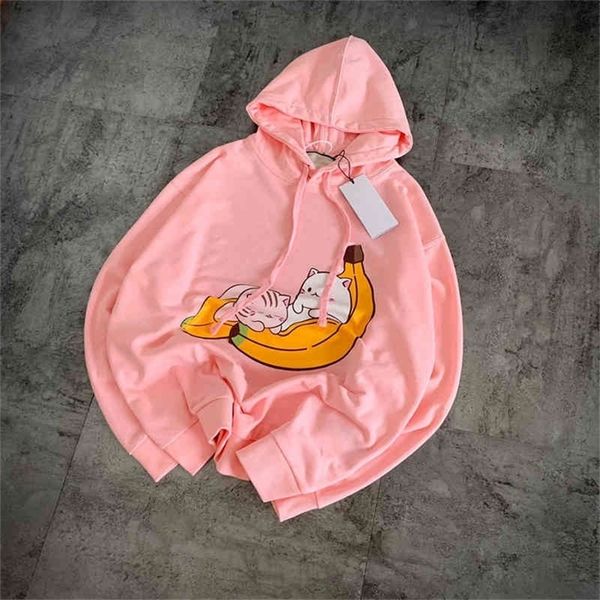 

2022 new special offer banana meow hoodie pink pullover haircircle animation printed cartoon loose qingdao hair aukm, Black