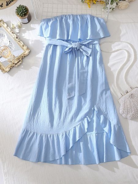 

plus ruffle asymmetrical hem belted tube dress g8y7#, Black