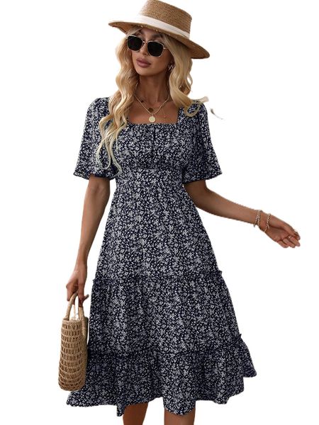 

ditsy floral flutter sleeve square neck ruffle hem dress k7an#, Black;gray