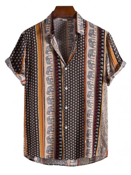 

men elephant and geo print shirt r3yn#, White;black