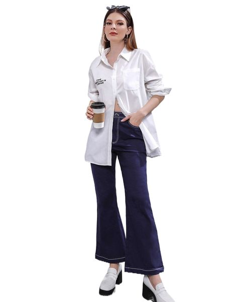 

slogan graphic patched pocket drop shoulder shirt 00ds#, White