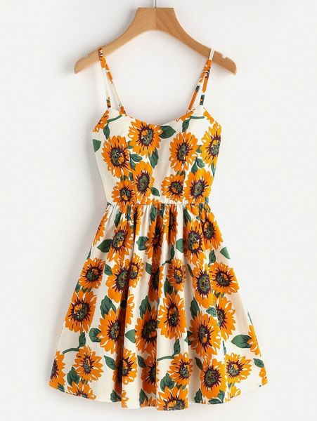 

sunflower print crisscross cami mini dress v7h5#, Black;gray