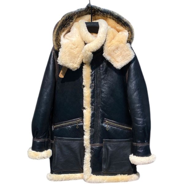 

mens winter jackets coat hoodies sheepskin and fur leather jacket hooded warm thick outerwear coats plus size 58 60 62 real fur 2022 waterpr, Black