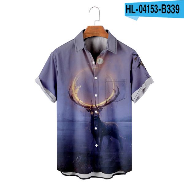 

elk 3d digital print trend loose short sleeve shirt men's top, White;black