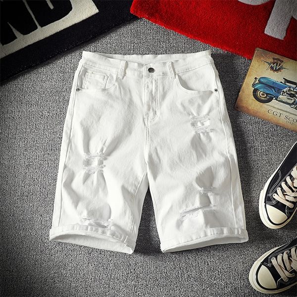 

men white denim shorts summer holes casual stretch jeans cotton solid slim fit pants elastic knee length 220713, White;black
