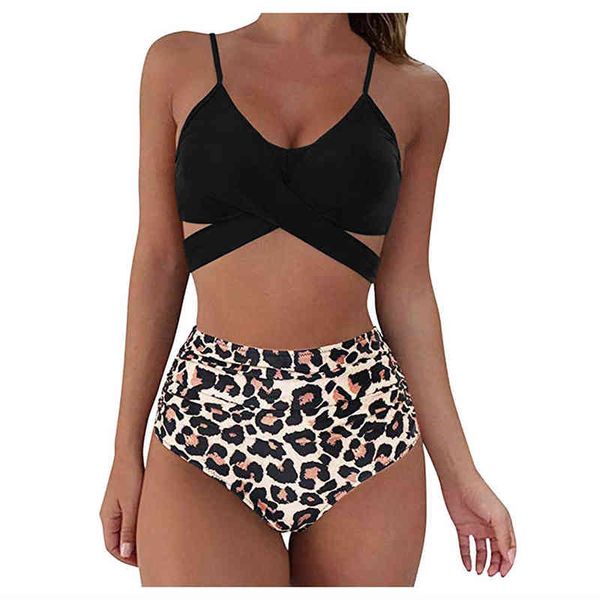 

swimsuit leopard cross high waist split two piece swimsuit bikini female, Black;gray