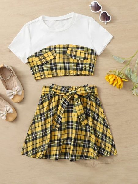 

girls plaid tee & belted skirt she, White