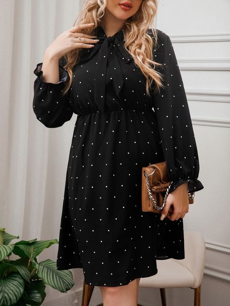

plus polka dot tie neck flounce sleeve dress 35sc#, Black