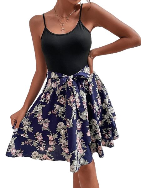 

floral panel layered hem tie front dress l6at#, Black;gray