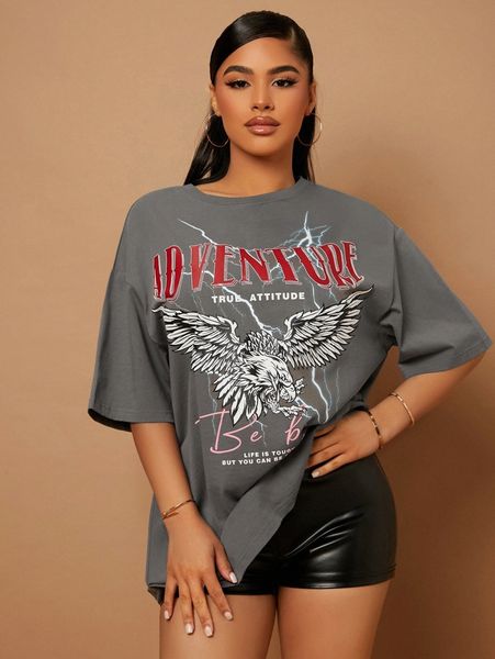 

sxy eagle & slogan graphic drop shoulder tee m8sd#, White