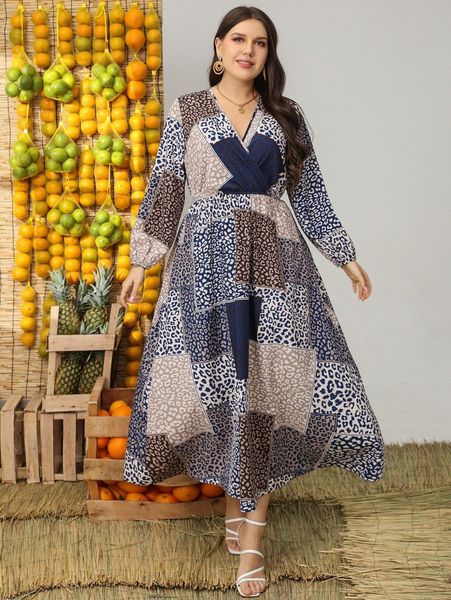 

plus leopard patchwork print lantern sleeve dress u188#, Black