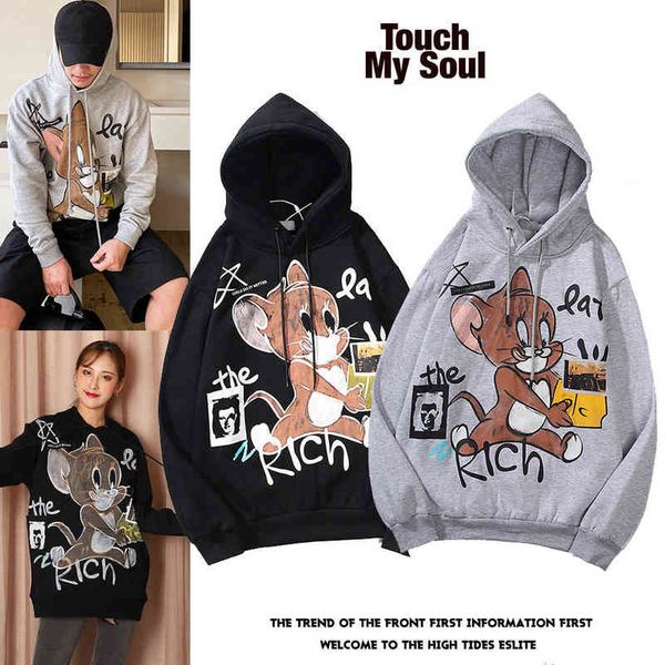 

20 spring new jerry hand-painted gray hoodie ins japanese letters loose couple jacket t220722, Black