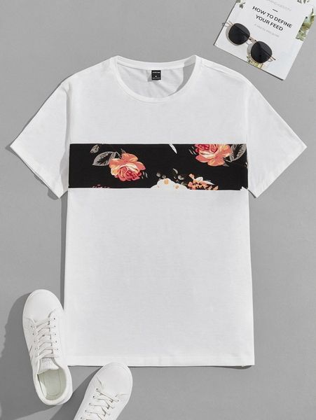 

men floral paneled tee m6zd#, White;black