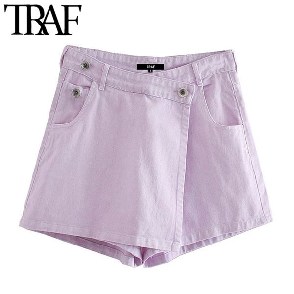 

traf women chic fashion wrap style asymmetric denim shorts skirts vintage high waist side pockets female skorts mujer 210331, White;black