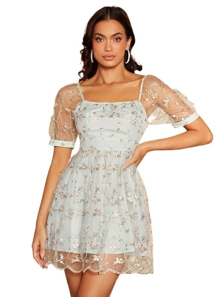 

raglan sleeve floral embroidery mesh dress j18x#, Black;gray