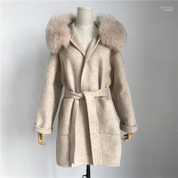 Lã feminina mistura estes elegantes colarinho de pele grande no meio das mulheres abertas de inverno de inverno casacos alpaca sobretudo cantar