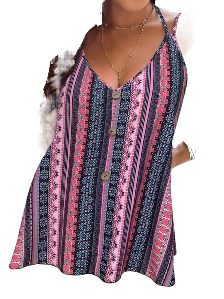 

plus allover print fake button tie back cami x9vg#, Black