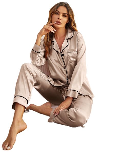 

contrast binding pocket front pajama set l3u3#, Black;red