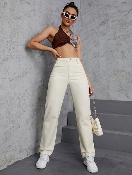 

solid high waisted straight leg pants s6rv#, Black;white