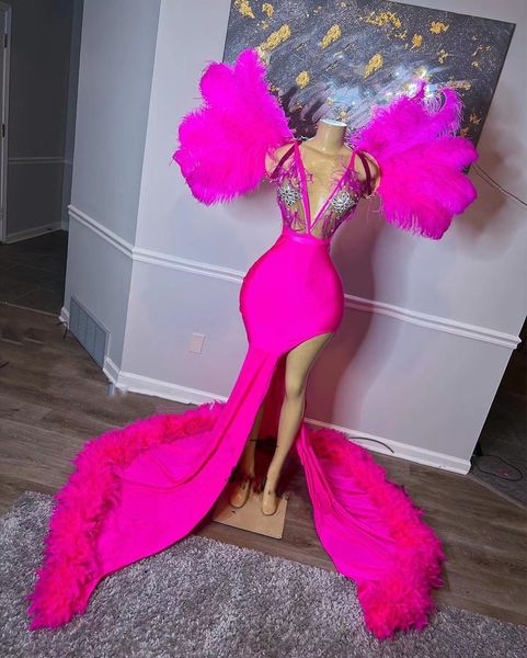 

luxury pink prom dresses 2022 satin beading feathers crystal side split floor length red carpet formal gowns party evening dress, Black