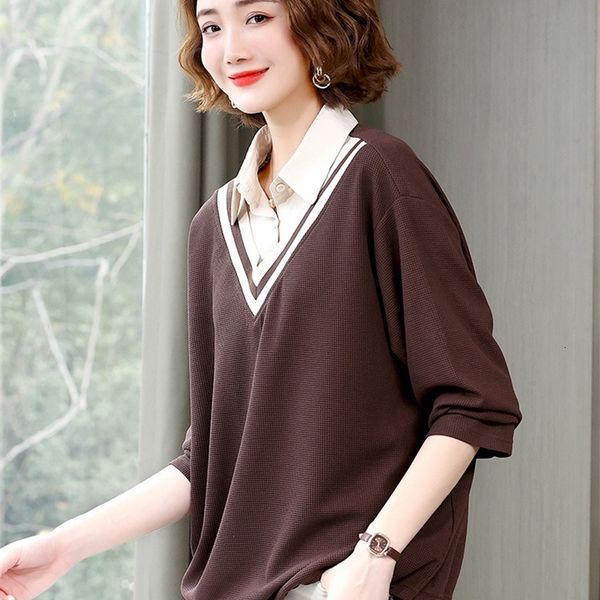 

women's sweaters fake two-piece sweater women's large fat mm european goods loose foreign style spring 2022 mother's long sle, White;black