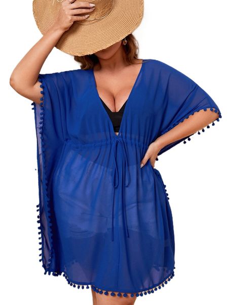 

plus plunging neck drawstring waist pompom trim cover up d4jd#, Black