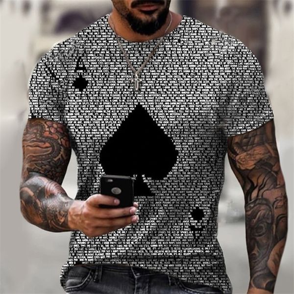 T-shirt masculina manga curta camiseta verão homens vestuário casual ace espadas cartas letras imprimir tops soltos para homens 220318