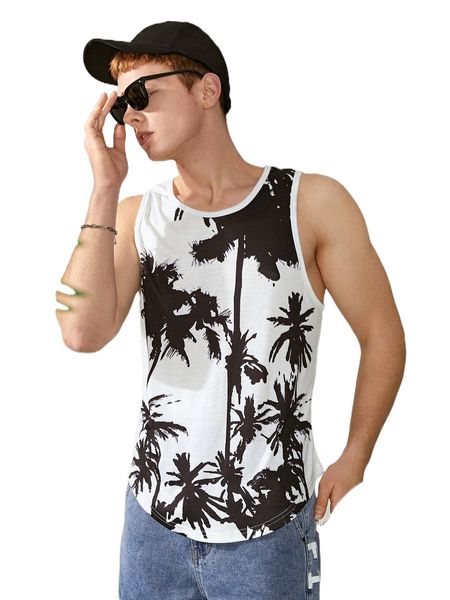 

men tropical print tank j962#, White;black