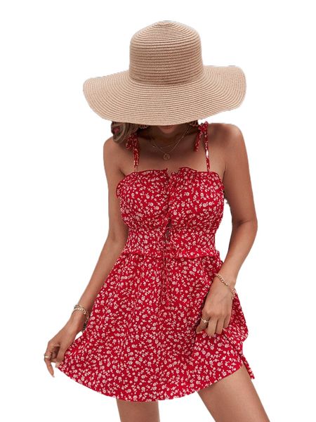 

ditsy floral tie shoulder frill trim backless cami dress g2i9#, Black;gray