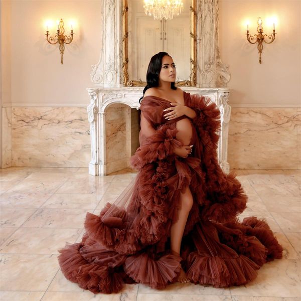

luxury burgundy prom dresses extra ruffles kimono pregnant dress long sleeve nightgown maternity pshooting gowns, Black