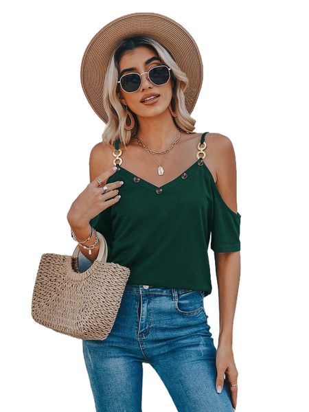 

cold shoulder chain button detail tee 459k#, White