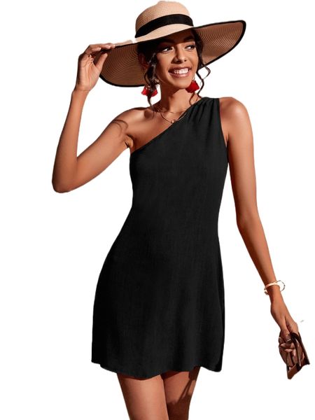 

solid one shoulder dress 40mb#, Black;gray