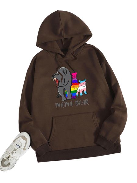 

cartoon and letter graphic drawstring thermal lined hoodie i7oz#, Black