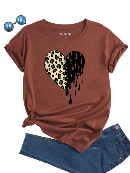 

heart print round neck tee 76z4#, White