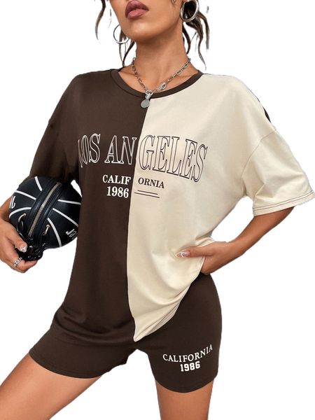 

two tone letter graphic tee & biker shorts v6hb#, White
