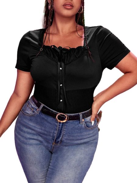 

plus frill trim bow front button detail tee g89q#, Black
