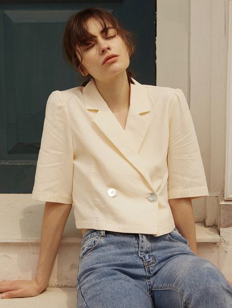 

knit mix lapel collar double button crop blazer y5uh#, White