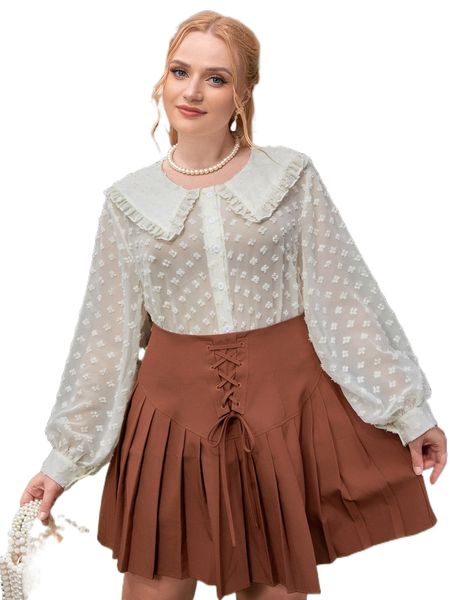 

plus swiss dot bishop sleeve statement collar mesh shirt h7y5#, Black