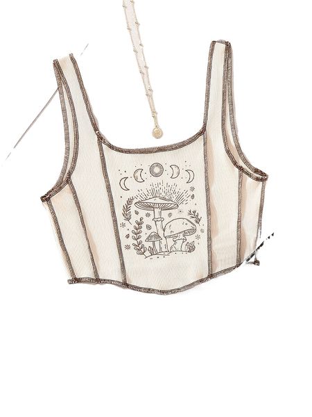 

moon & mushroom print titching asymmetrical hem crop tank y4cq#, White